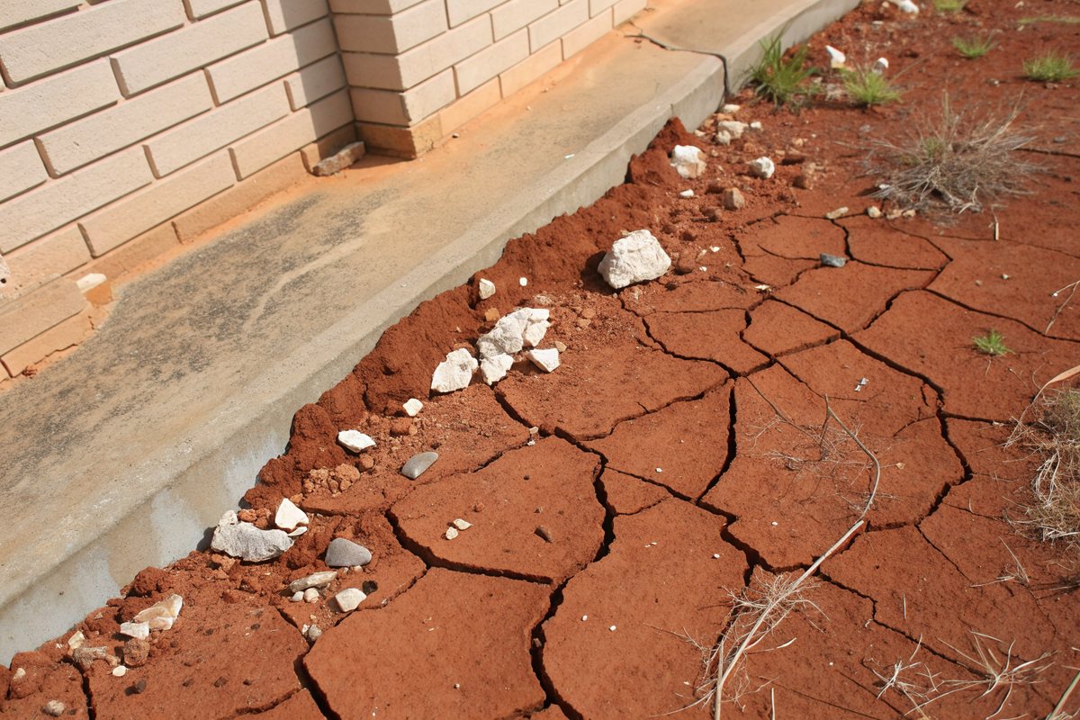 Dry red-brown clay soil split into deep cracks, scattered with pale caliche stones, beside a tan brick foundation