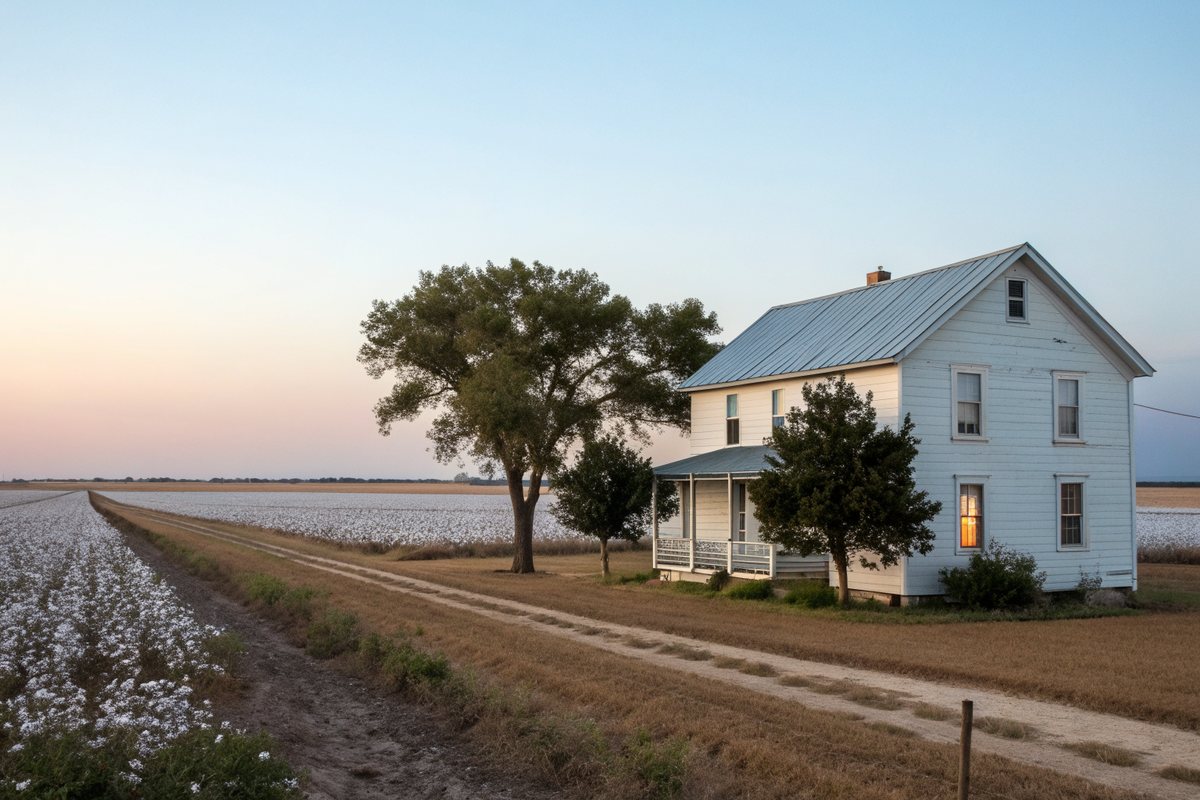 White two-story farmhouse with a metal roof and shade trees beside a flat cotton field that runs to the horizon
