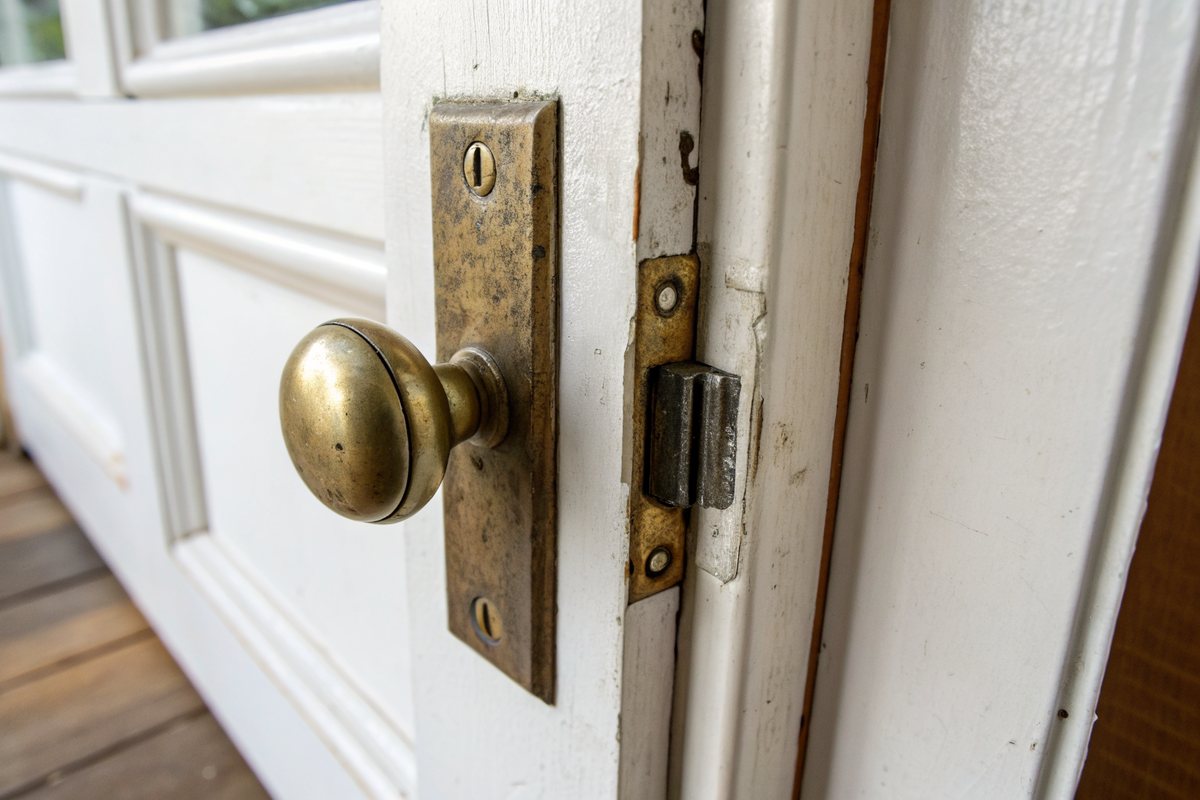Brass door knob and latch beside the strike plate on an old white door frame