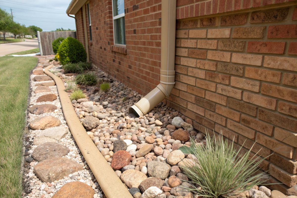 Tan downspout emptying onto a bed of river rock and gravel beside a red brick wall, ornamental grass in front