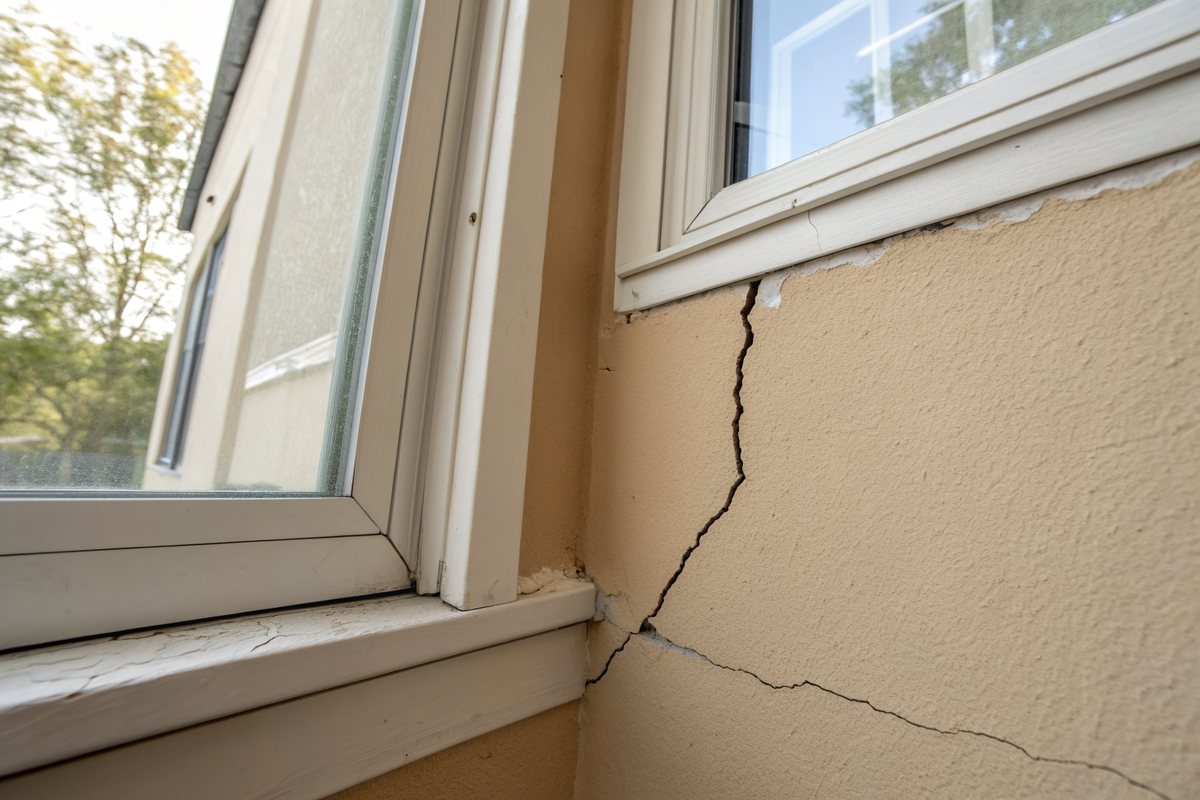 Jagged crack running from the corner of a white window frame across a beige drywall wall