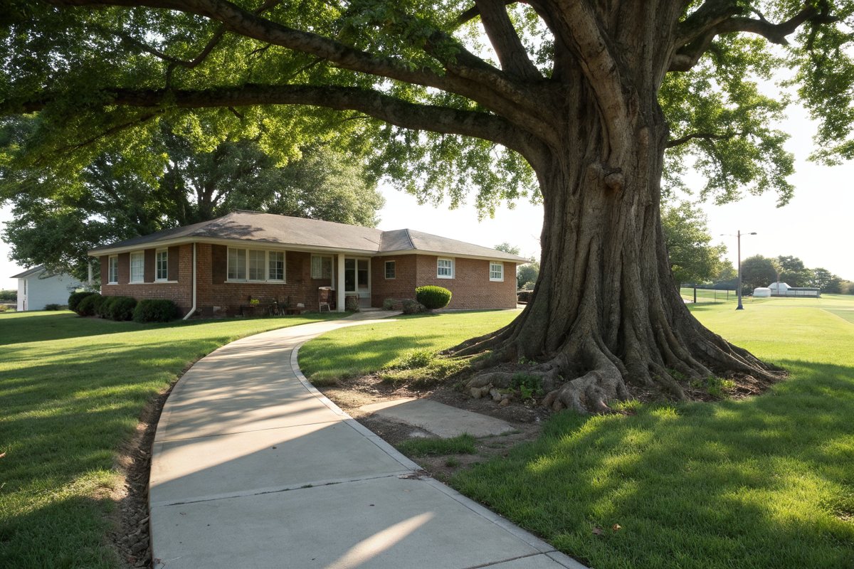 Large shade tree with thick surface roots spreading toward a curved walkway and a red brick ranch house