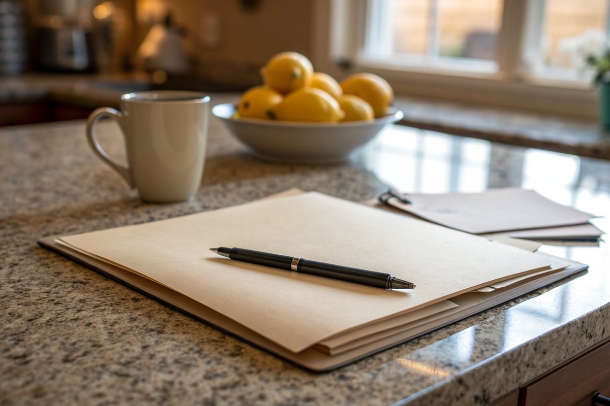 Blank manila folder with a black pen on a granite kitchen counter, a coffee mug and a bowl of lemons behind