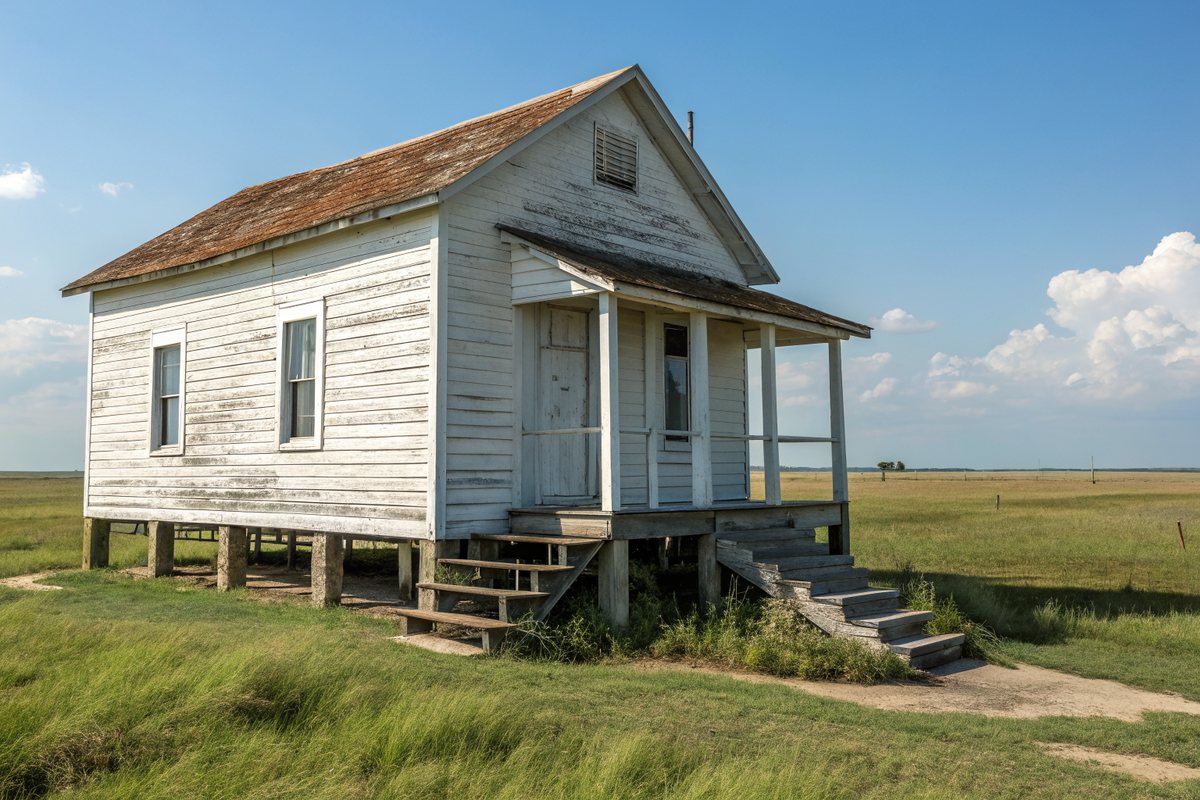 Small weathered white wood farmhouse raised on short piers on open flat grassland