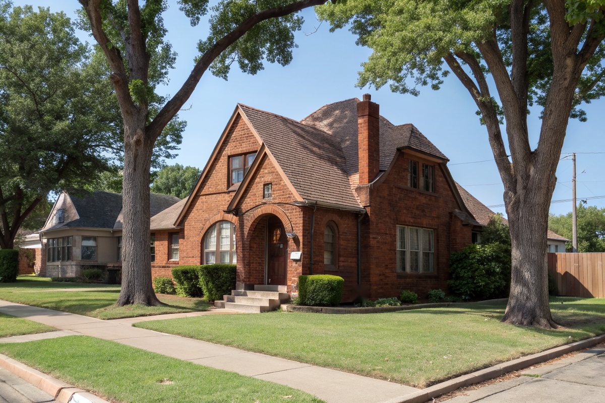 1930s red brick Tudor-style bungalow with an arched doorway on a street shaded by tall elm trees