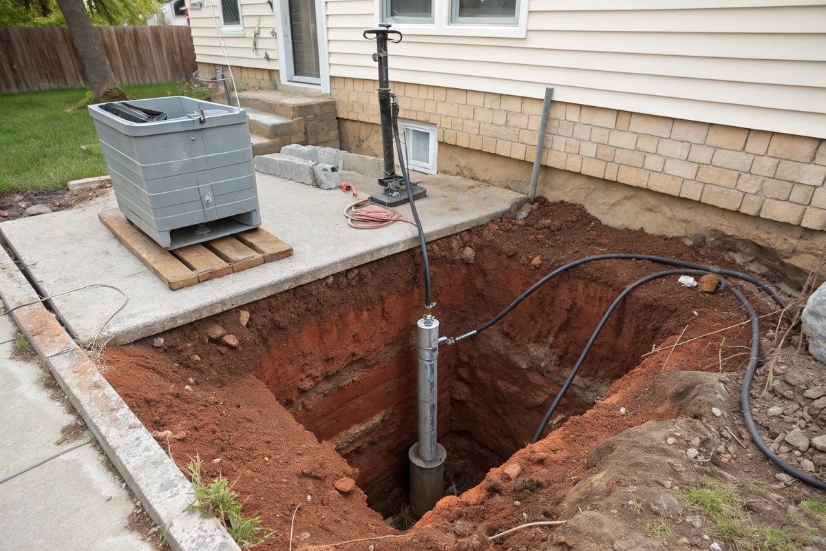 Hydraulic jack cylinder on a steel pier pipe in a deep pit of red soil beside a house foundation, a hose leading out