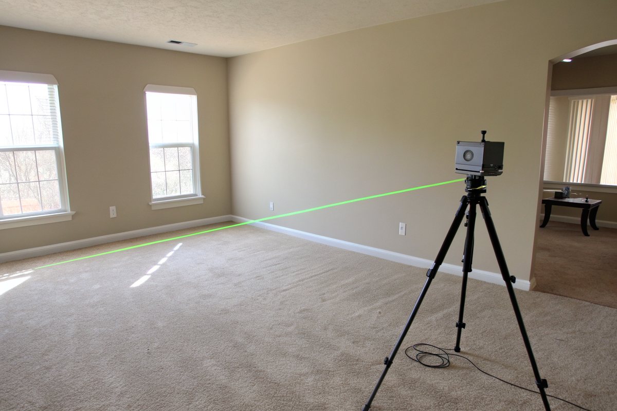 Laser level on a tripod projecting a green line across an empty carpeted living room