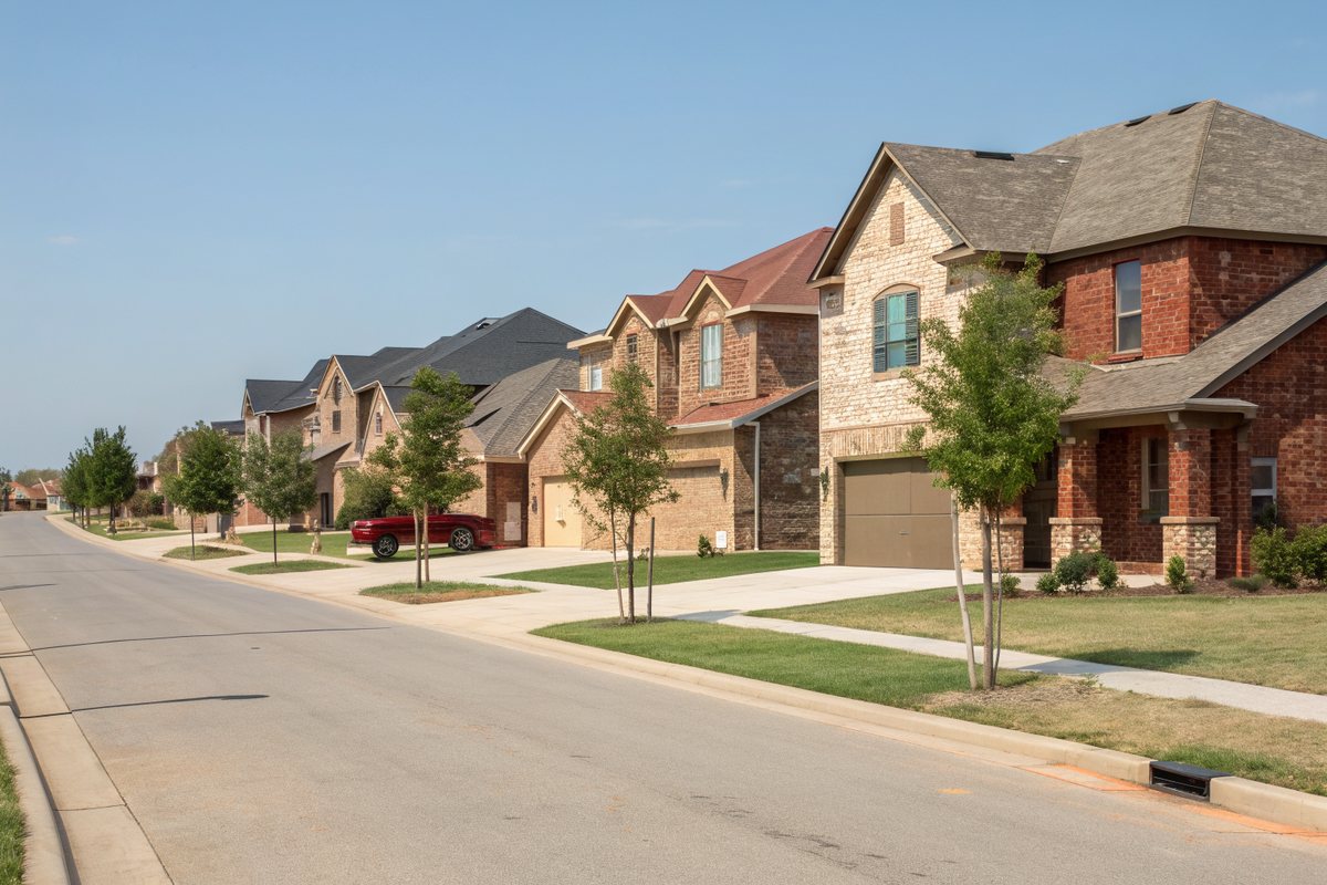 Newer street of brick and stone two-story homes with young street trees on flat land under a clear sky