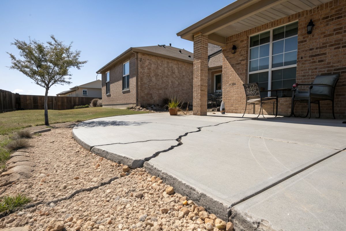 Long crack across a concrete backyard patio slab behind a brick house, gravel bed and a small tree beside it