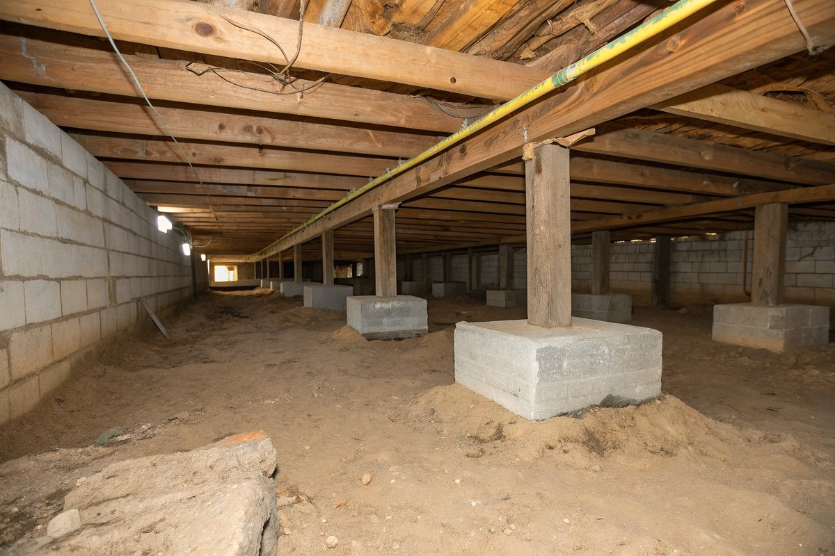 Low crawl space with wood posts on concrete pier blocks under heavy wood beams and floor joists