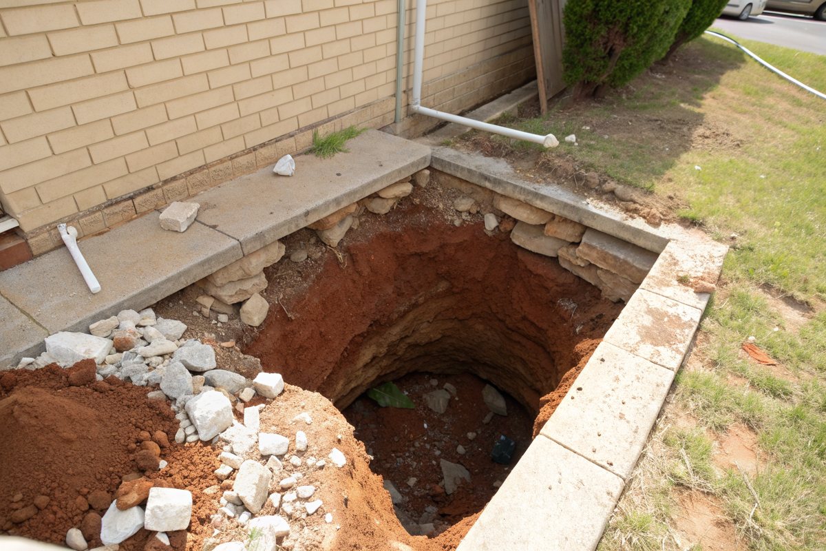 Freshly dug hole beside a concrete slab and tan brick wall, with red soil and white caliche chunks piled around it