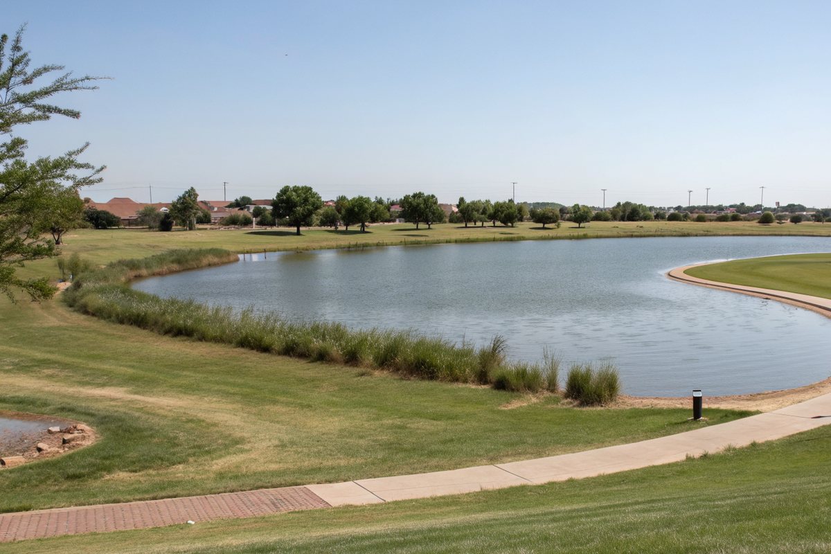 Round shallow lake in a grassy park with a curving walking path, flat horizon and rooftops in the distance