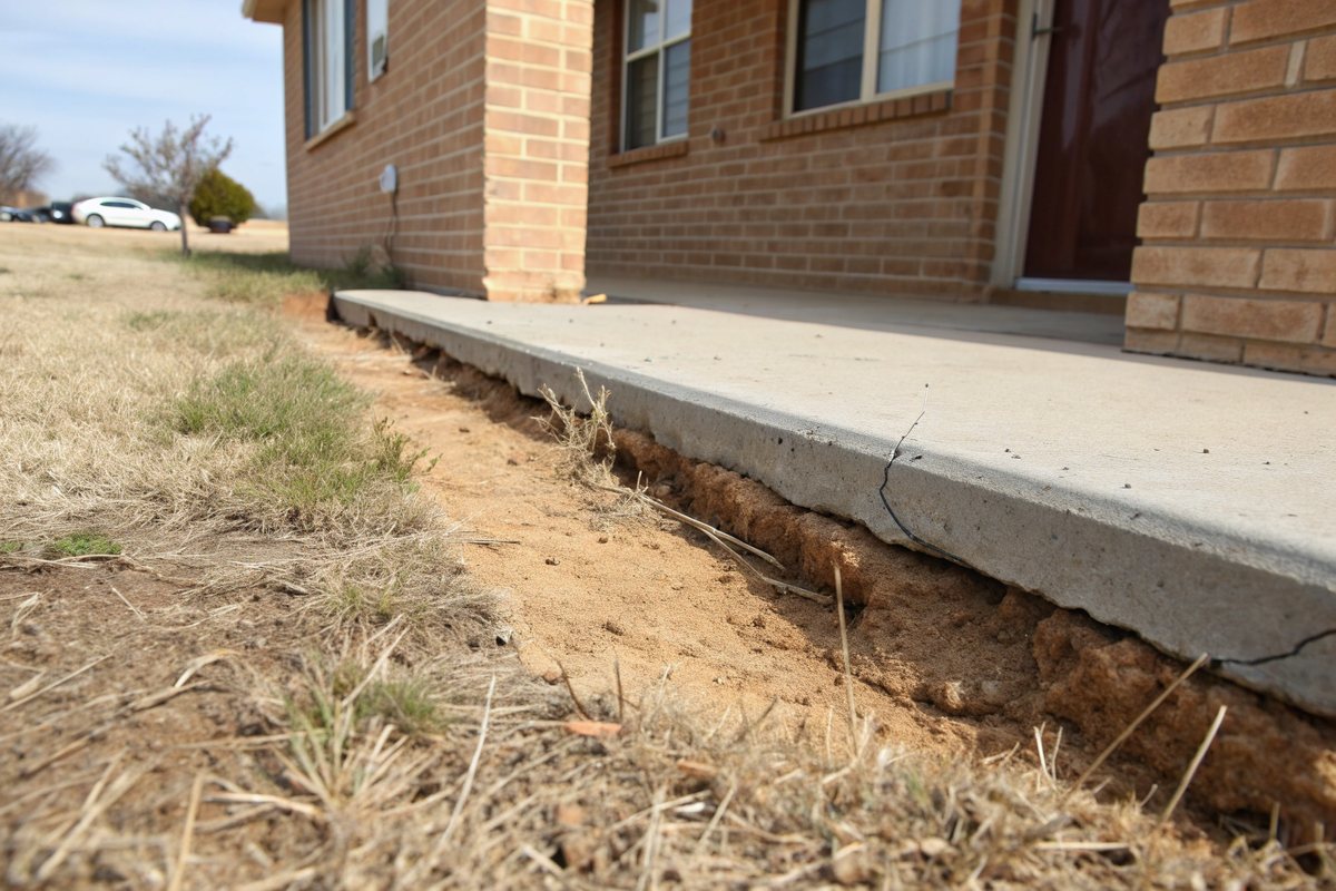 Gap opened between a concrete slab edge and dry tan soil beside a brick house