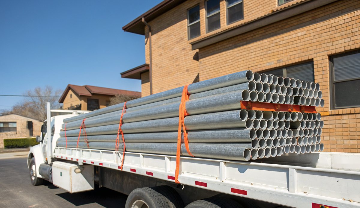 Stack of galvanized steel pipe strapped onto the flatbed of a white work truck beside a brick building