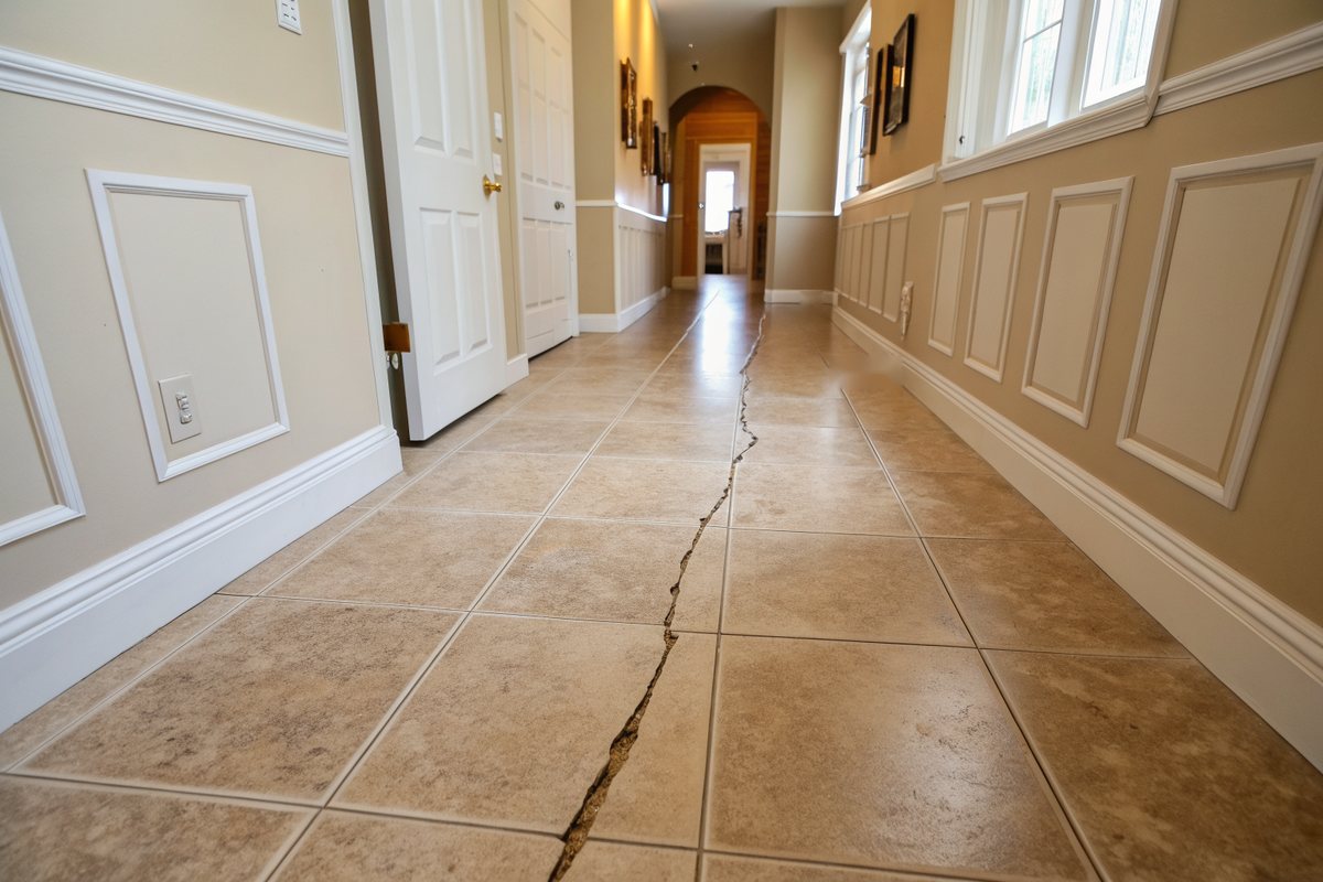 Crack running down the middle of a beige ceramic tile hallway floor