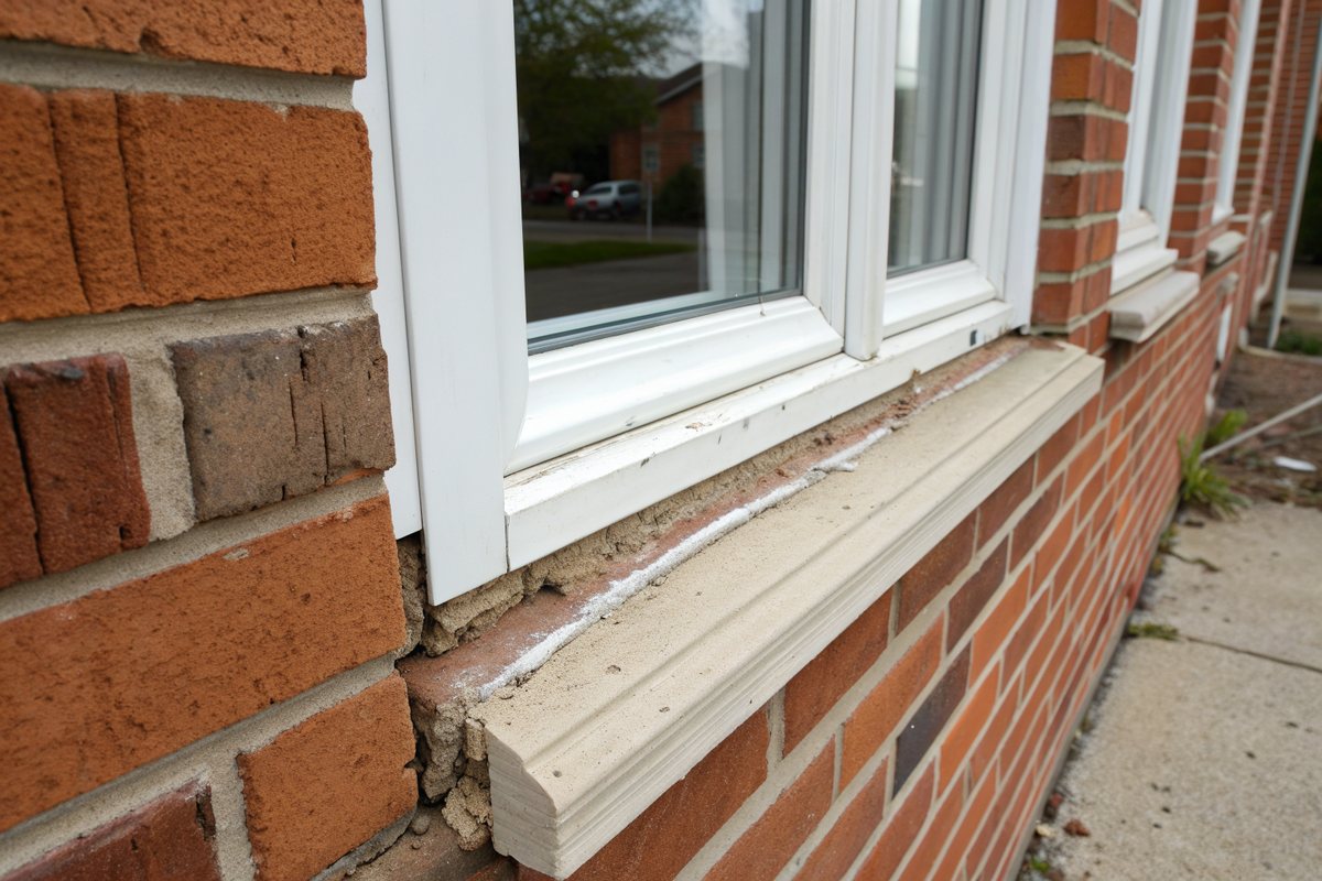 Gap opened between a white window frame and a red brick wall, with crumbling mortar under the sill