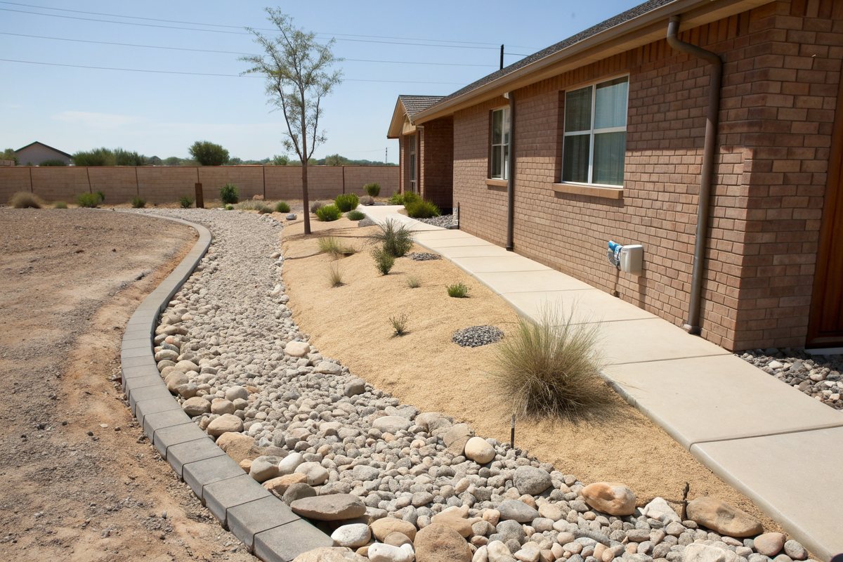 Curving gravel drainage swale with stone edging along the side yard of a brick house, desert plants beside it